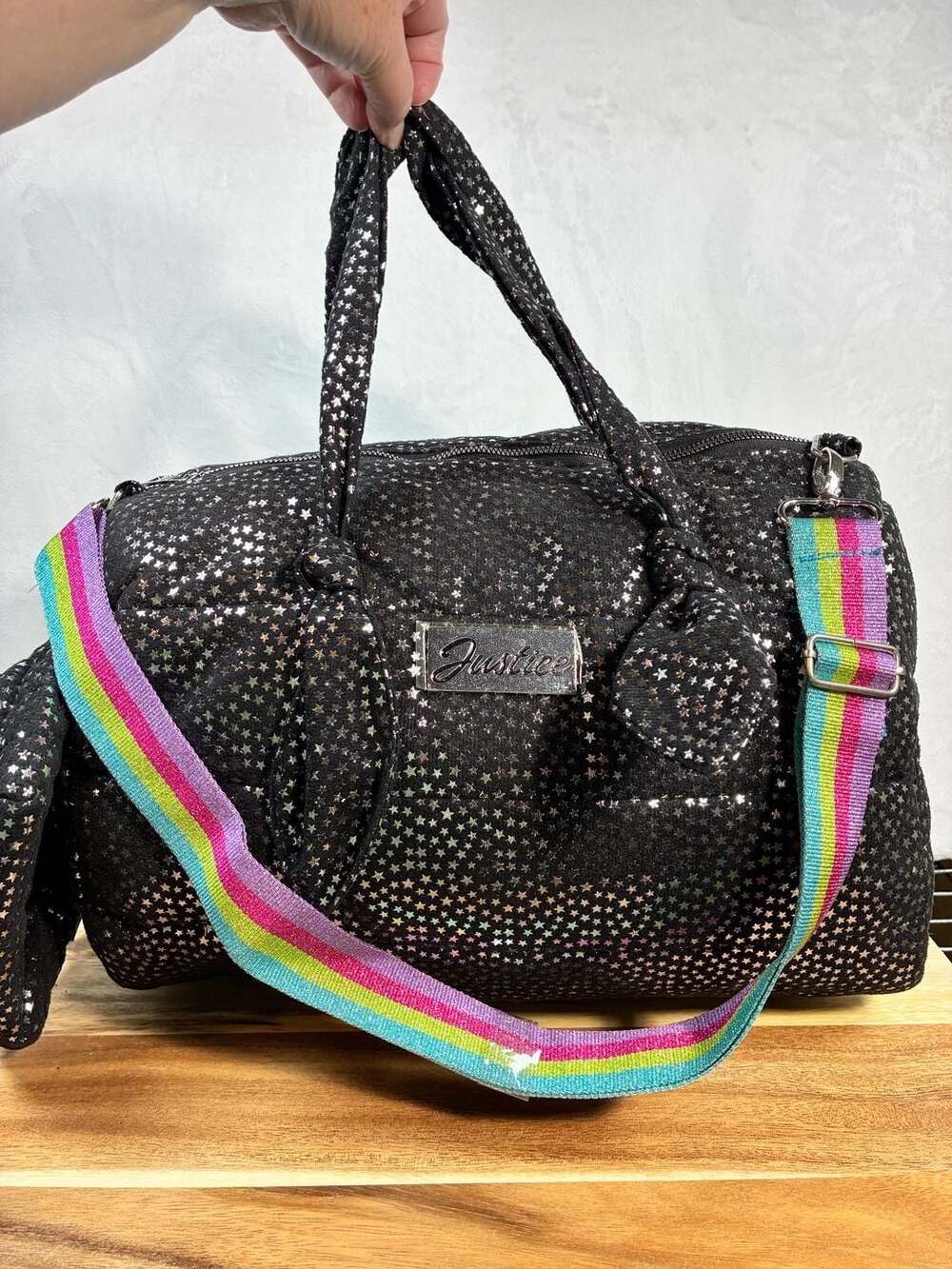 Justice Girls Black Holographic Star Quilted Duffle Bag With Rainbow Strap